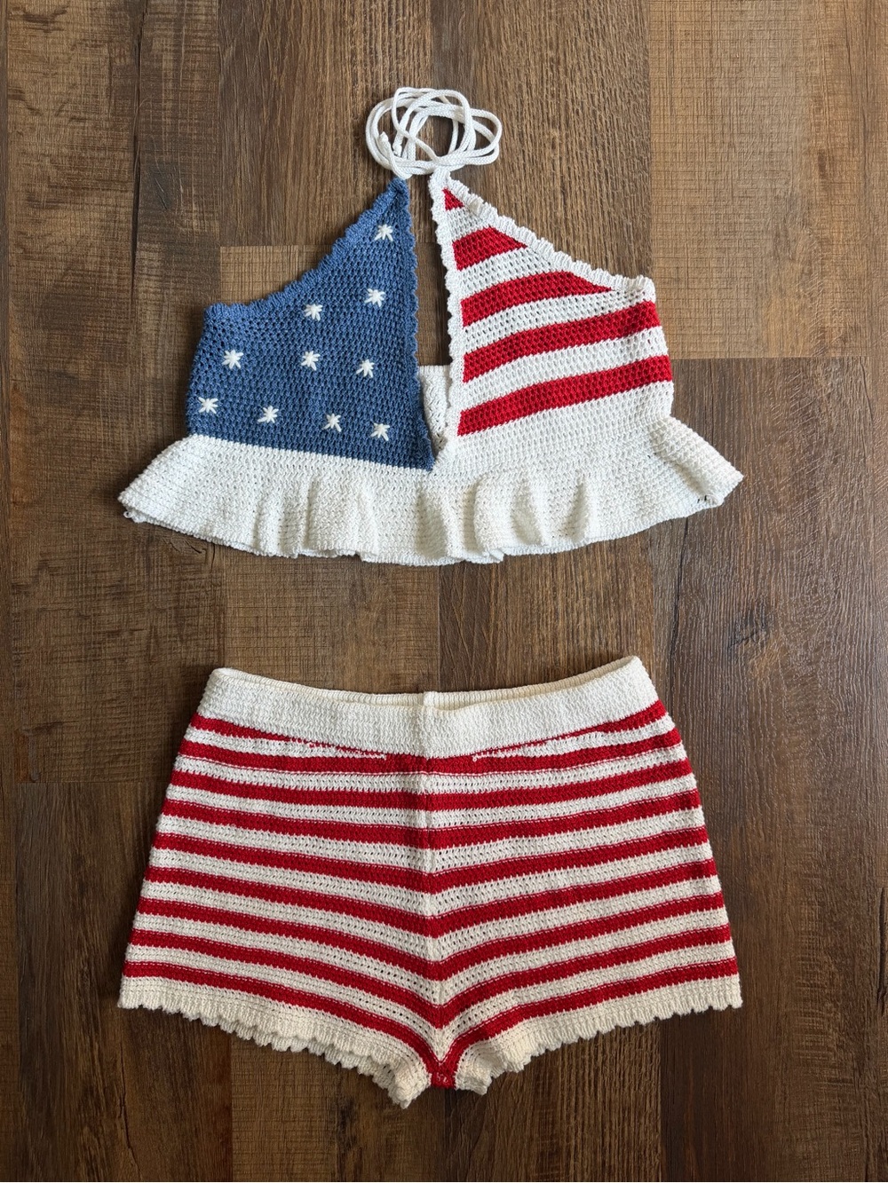 Red & White Striped Crochet Shorts with Star Accent Top